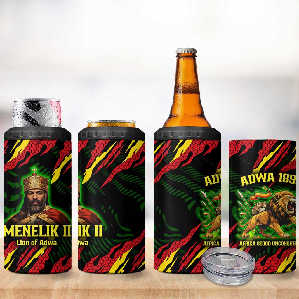 Menelik II 4 in 1 Can Cooler Tumbler with Lion of Adwa Title, Battle of Adwa 1896 Graphic and Bold Pan-African - Wonder Print Shop
