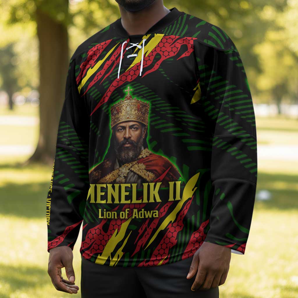 Menelik II Hockey Jersey with Lion of Adwa Title, Battle of Adwa 1896 Graphic and Bold Pan-African - Wonder Print Shop