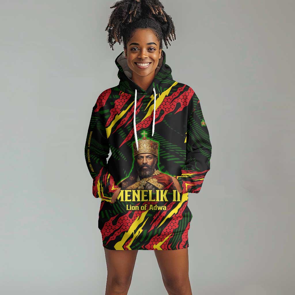 Menelik II Hoodie Dress with Lion of Adwa Title, Battle of Adwa 1896 Graphic and Bold Pan-African - Wonder Print Shop