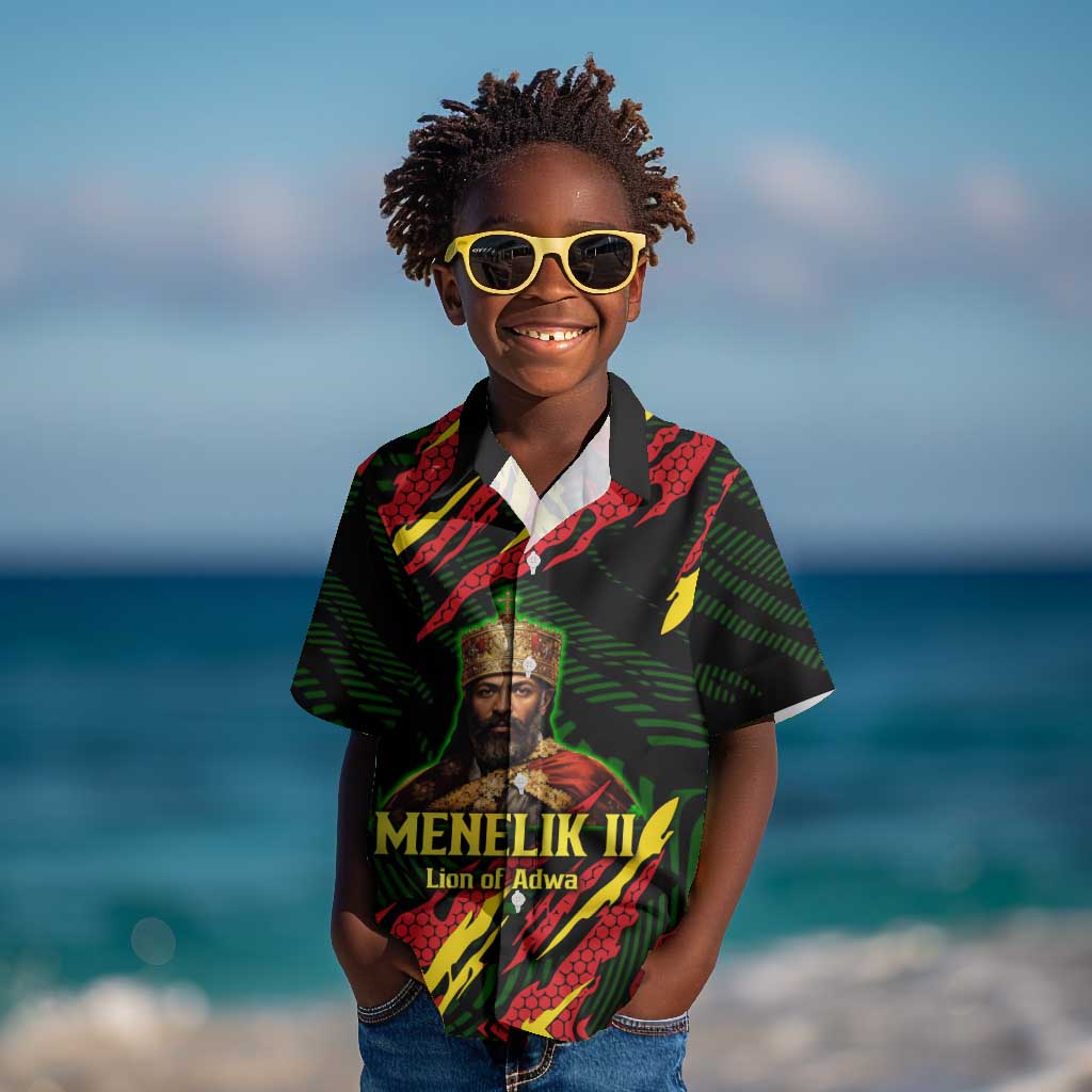 Menelik II Kid Hawaiian Shirt with Lion of Adwa Title, Battle of Adwa 1896 Graphic and Bold Pan-African - Wonder Print Shop