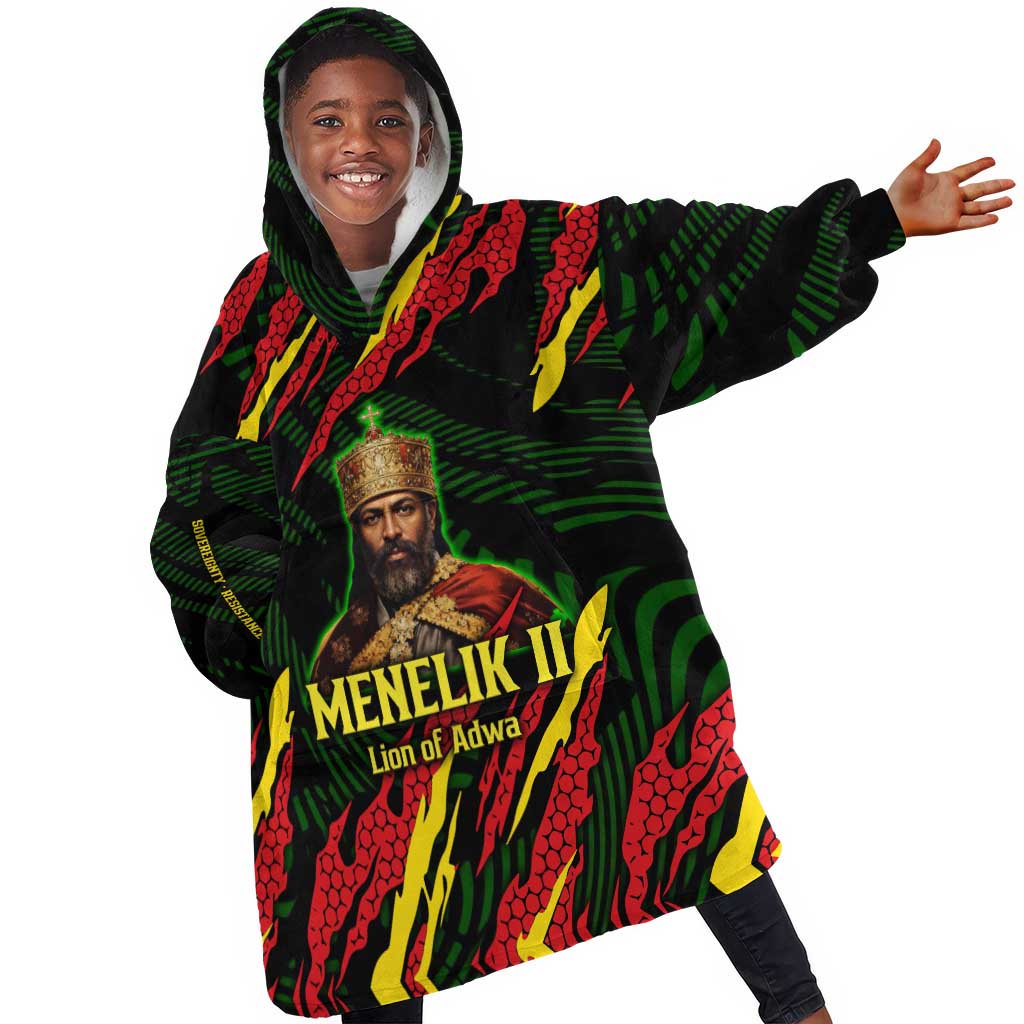 Menelik II Kid Wearable Blanket Hoodie with Lion of Adwa Title, Battle of Adwa 1896 Graphic and Bold Pan-African - Wonder Print Shop