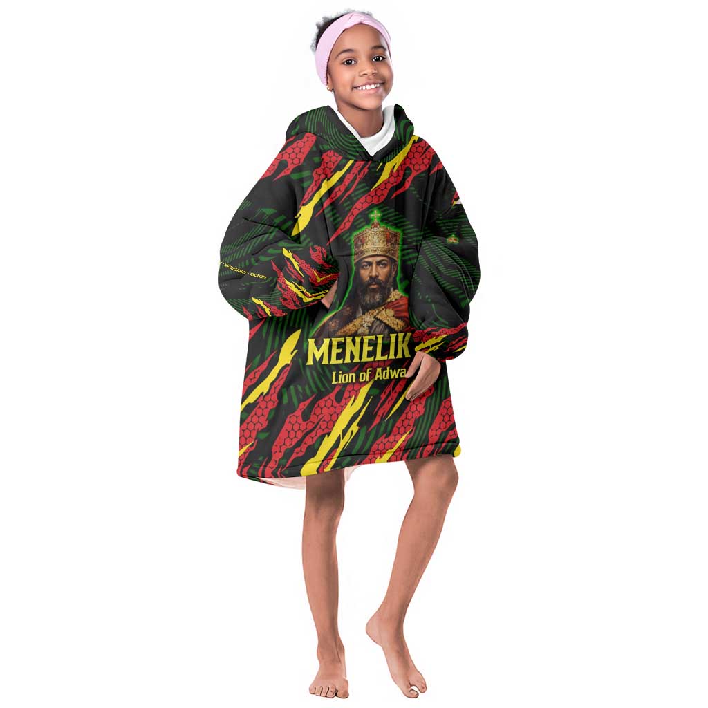 Menelik II Kid Wearable Blanket Hoodie with Lion of Adwa Title, Battle of Adwa 1896 Graphic and Bold Pan-African - Wonder Print Shop