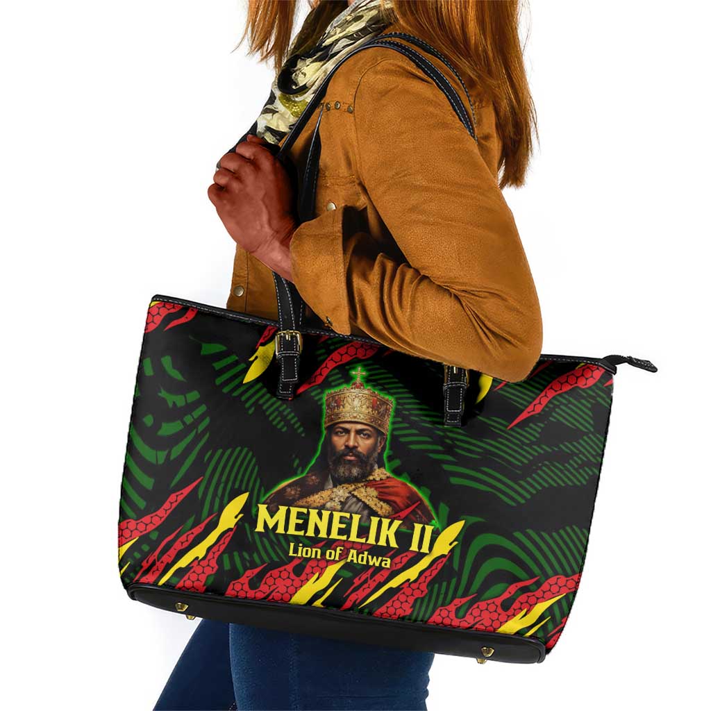 Menelik II Leather Tote Bag with Lion of Adwa Title, Battle of Adwa 1896 Graphic and Bold Pan-African - Wonder Print Shop
