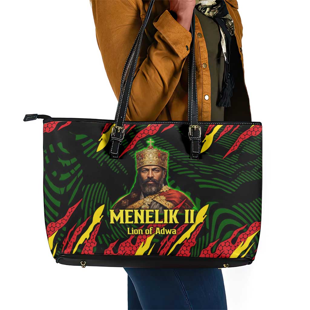 Menelik II Leather Tote Bag with Lion of Adwa Title, Battle of Adwa 1896 Graphic and Bold Pan-African - Wonder Print Shop