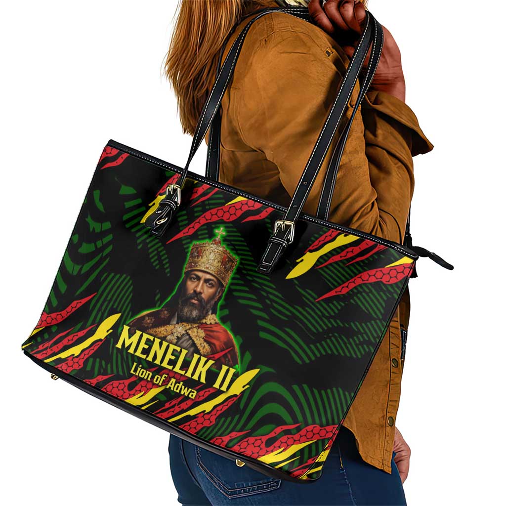 Menelik II Leather Tote Bag with Lion of Adwa Title, Battle of Adwa 1896 Graphic and Bold Pan-African - Wonder Print Shop