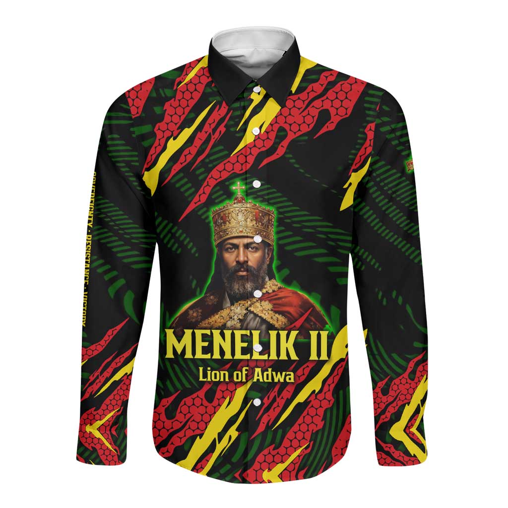 Menelik II Long Sleeve Button Shirt with Lion of Adwa Title, Battle of Adwa 1896 Graphic and Bold Pan-African - Wonder Print Shop