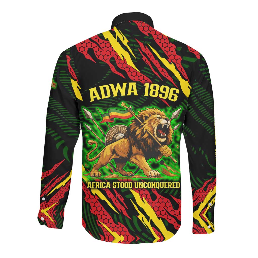 Menelik II Long Sleeve Button Shirt with Lion of Adwa Title, Battle of Adwa 1896 Graphic and Bold Pan-African - Wonder Print Shop