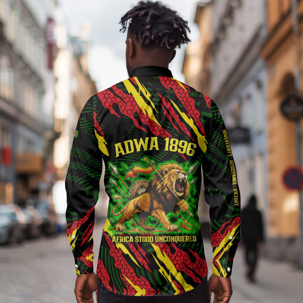Menelik II Long Sleeve Button Shirt with Lion of Adwa Title, Battle of Adwa 1896 Graphic and Bold Pan-African - Wonder Print Shop