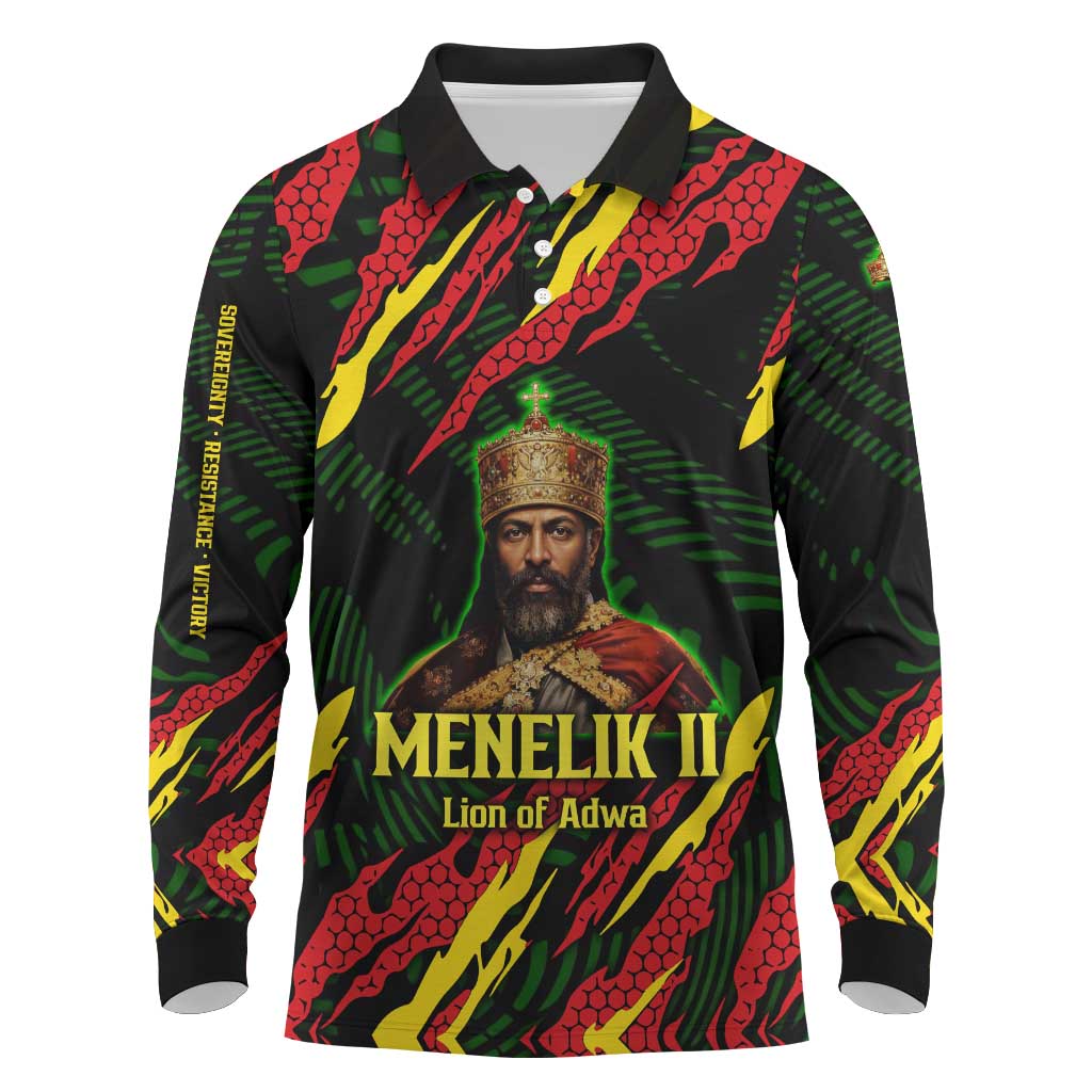 Menelik II Long Sleeve Polo Shirt with Lion of Adwa Title, Battle of Adwa 1896 Graphic and Bold Pan-African - Wonder Print Shop