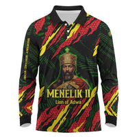Menelik II Long Sleeve Polo Shirt with Lion of Adwa Title, Battle of Adwa 1896 Graphic and Bold Pan-African - Wonder Print Shop