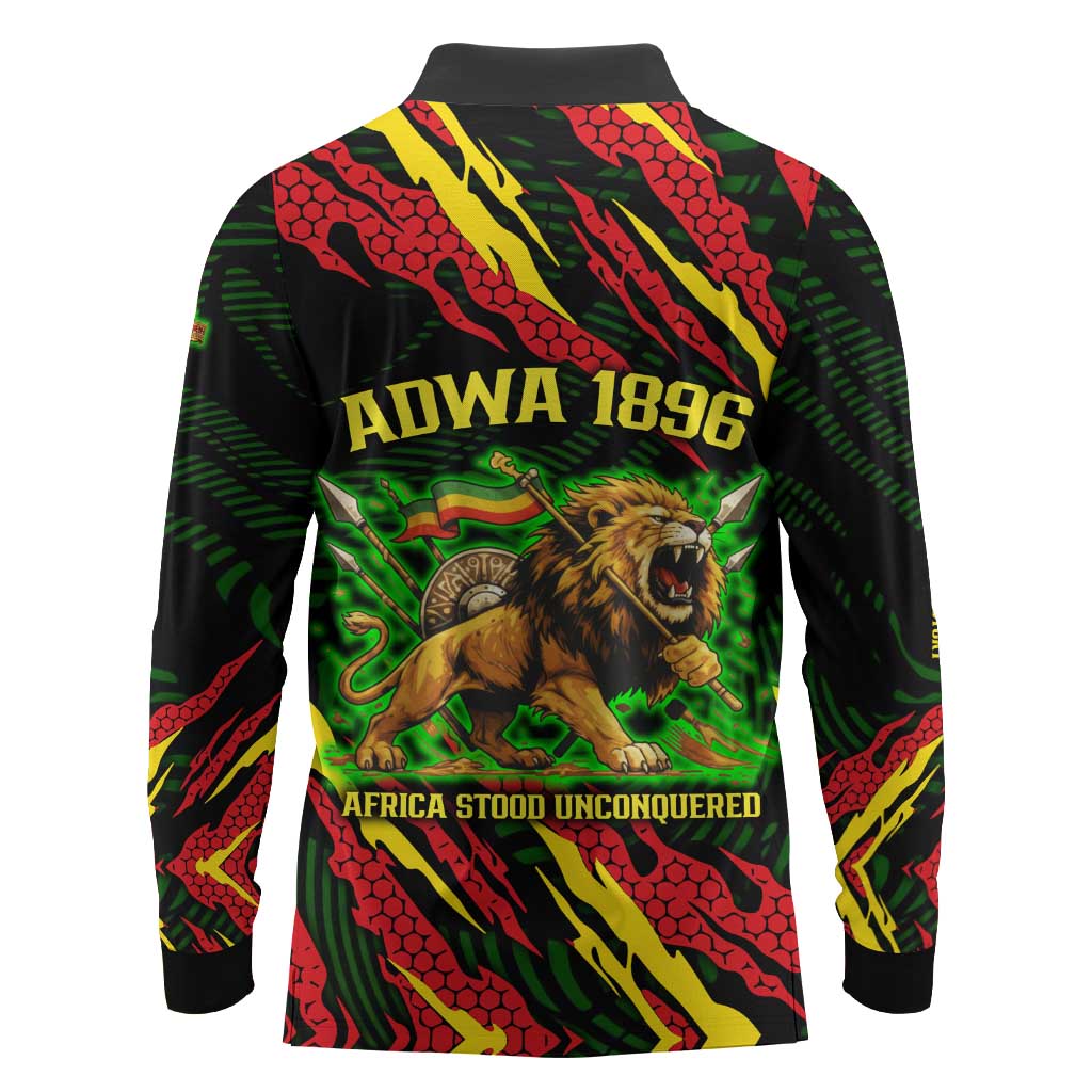 Menelik II Long Sleeve Polo Shirt with Lion of Adwa Title, Battle of Adwa 1896 Graphic and Bold Pan-African - Wonder Print Shop