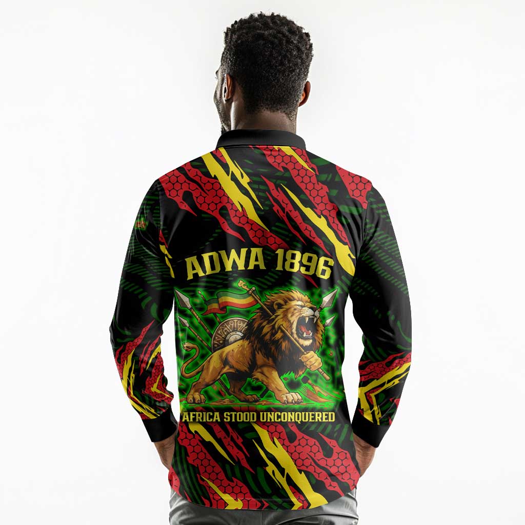 Menelik II Long Sleeve Polo Shirt with Lion of Adwa Title, Battle of Adwa 1896 Graphic and Bold Pan-African - Wonder Print Shop
