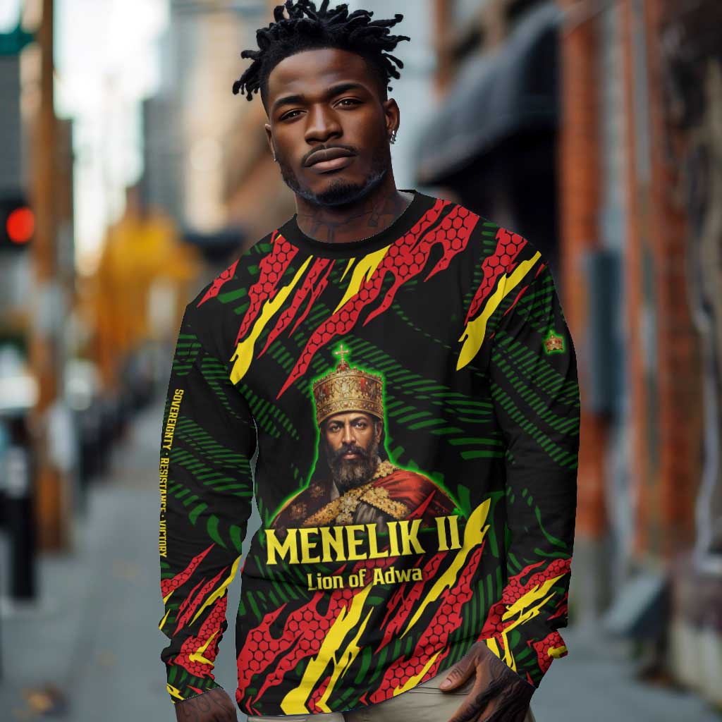 Menelik II Long Sleeve Shirt with Lion of Adwa Title, Battle of Adwa 1896 Graphic and Bold Pan-African - Wonder Print Shop