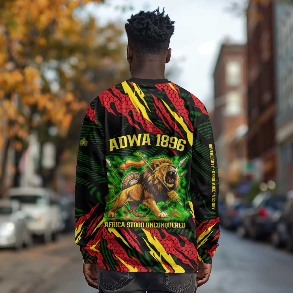 Menelik II Long Sleeve Shirt with Lion of Adwa Title, Battle of Adwa 1896 Graphic and Bold Pan-African - Wonder Print Shop