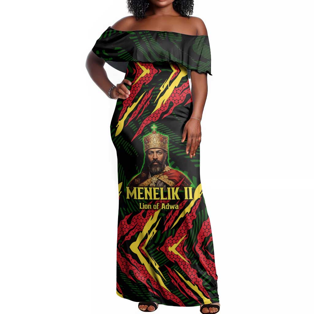 Menelik II Off Shoulder Maxi Dress with Lion of Adwa Title, Battle of Adwa 1896 Graphic and Bold Pan-African - Wonder Print Shop