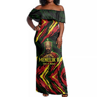 Menelik II Off Shoulder Maxi Dress with Lion of Adwa Title, Battle of Adwa 1896 Graphic and Bold Pan-African - Wonder Print Shop