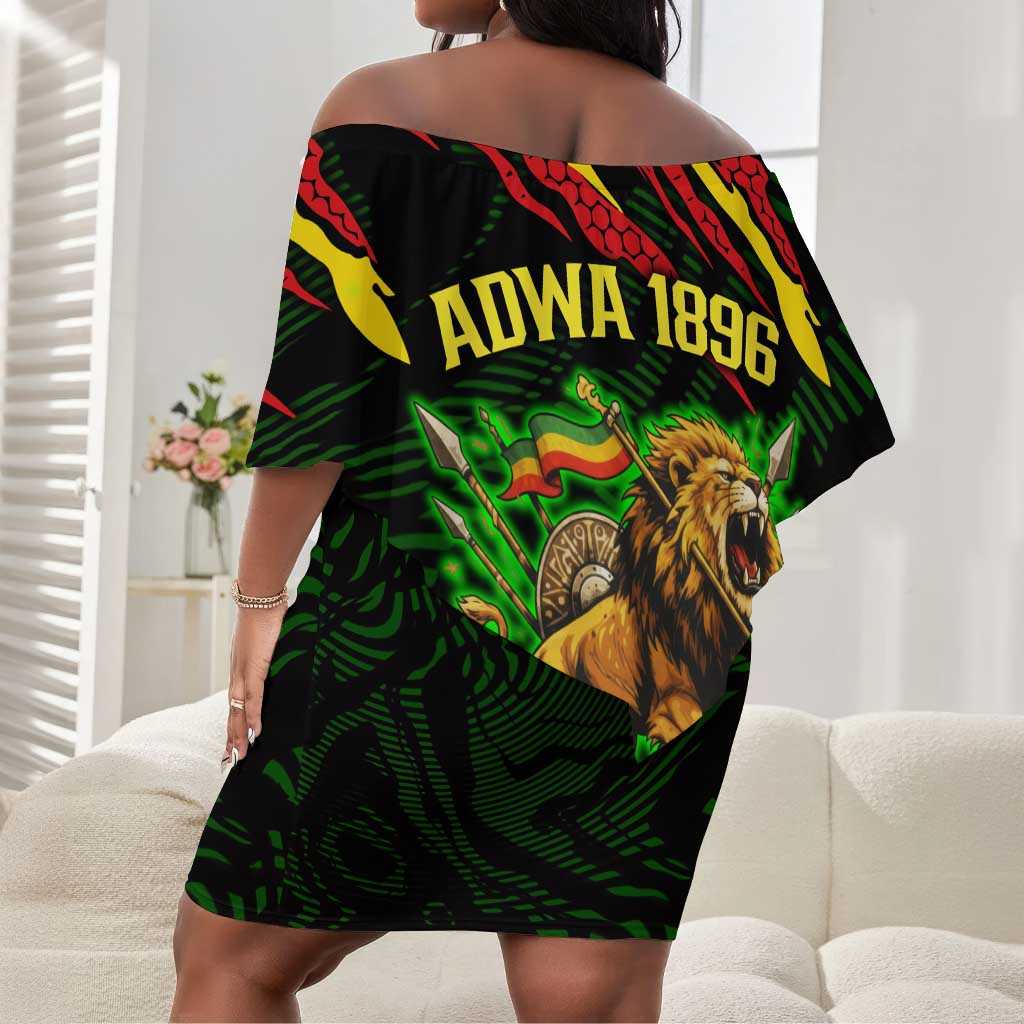 Menelik II Off Shoulder Short Dress with Lion of Adwa Title, Battle of Adwa 1896 Graphic and Bold Pan-African - Wonder Print Shop