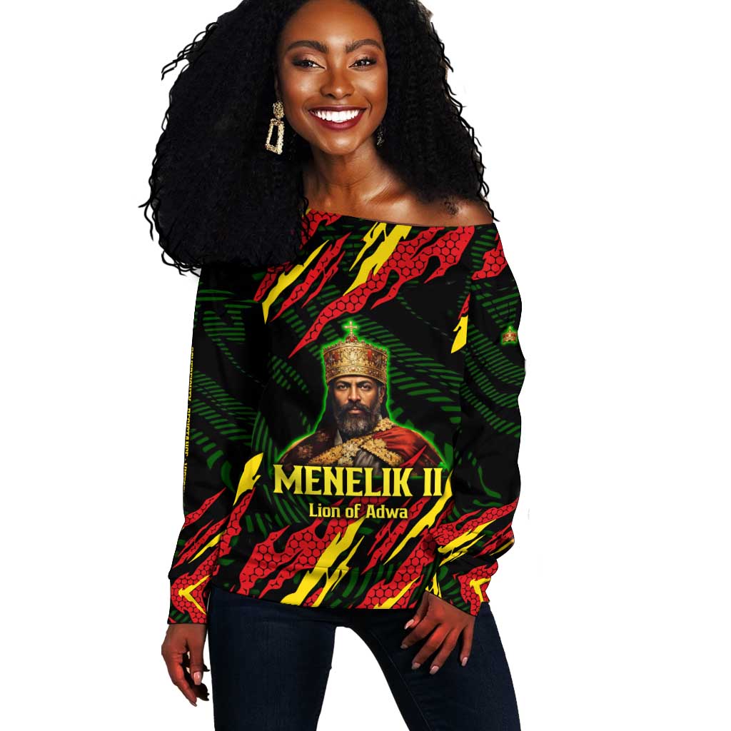 Menelik II Off Shoulder Sweater with Lion of Adwa Title, Battle of Adwa 1896 Graphic and Bold Pan-African - Wonder Print Shop