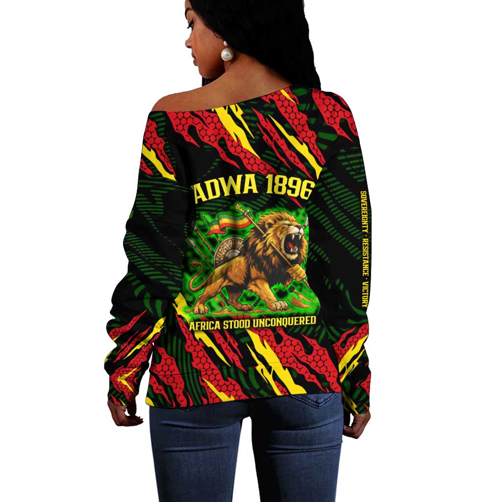 Menelik II Off Shoulder Sweater with Lion of Adwa Title, Battle of Adwa 1896 Graphic and Bold Pan-African - Wonder Print Shop