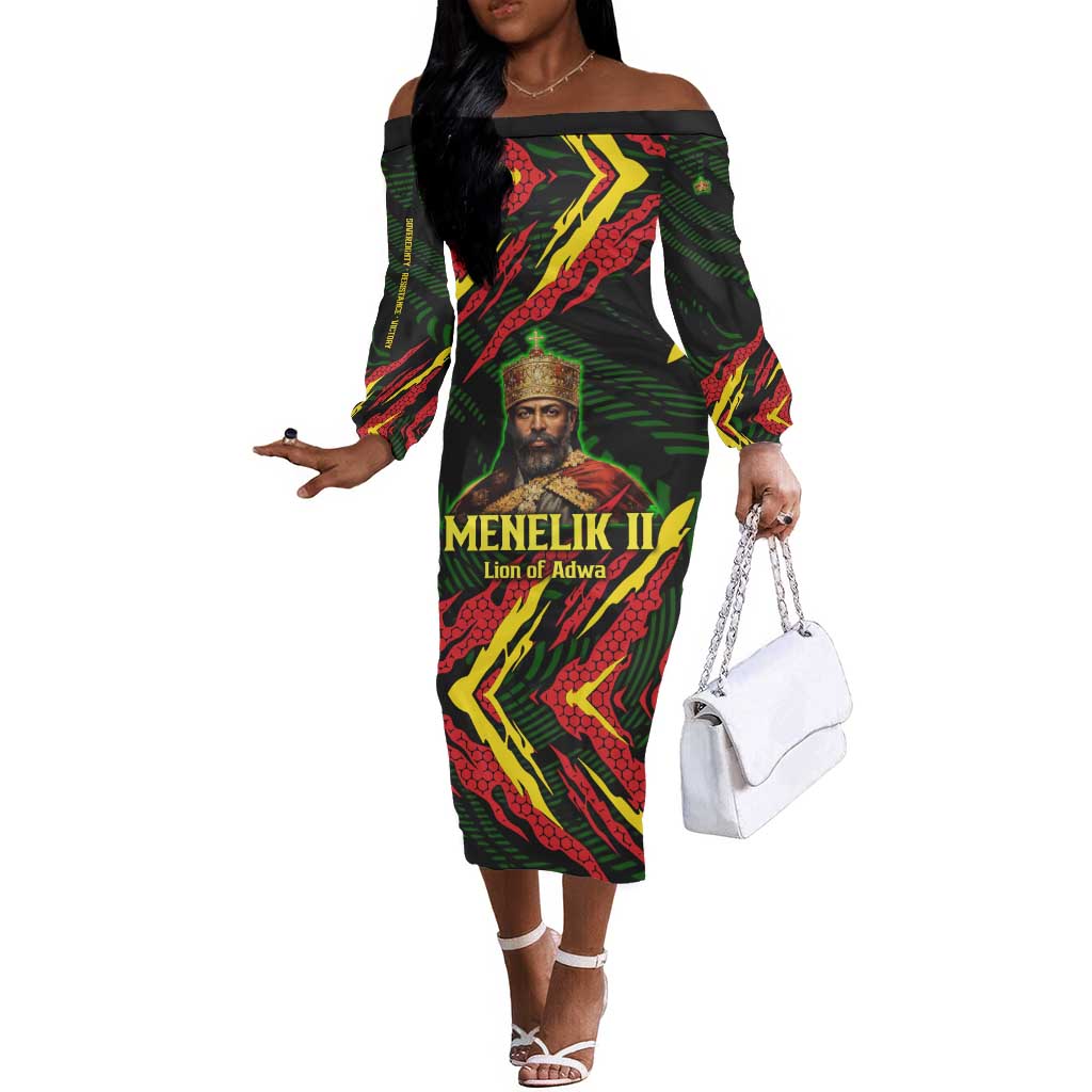 Menelik II Off The Shoulder Long Sleeve Dress with Lion of Adwa Title, Battle of Adwa 1896 Graphic and Bold Pan-African - Wonder Print Shop