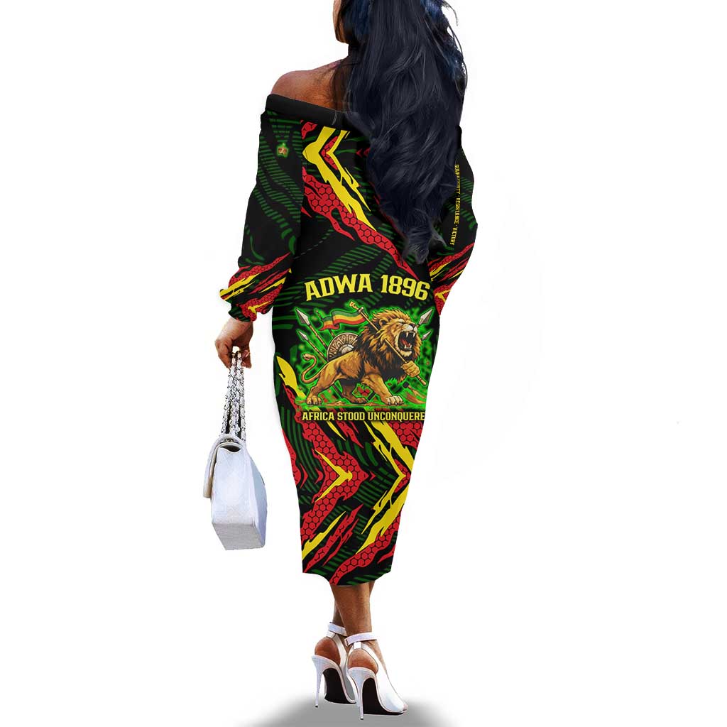 Menelik II Off The Shoulder Long Sleeve Dress with Lion of Adwa Title, Battle of Adwa 1896 Graphic and Bold Pan-African - Wonder Print Shop