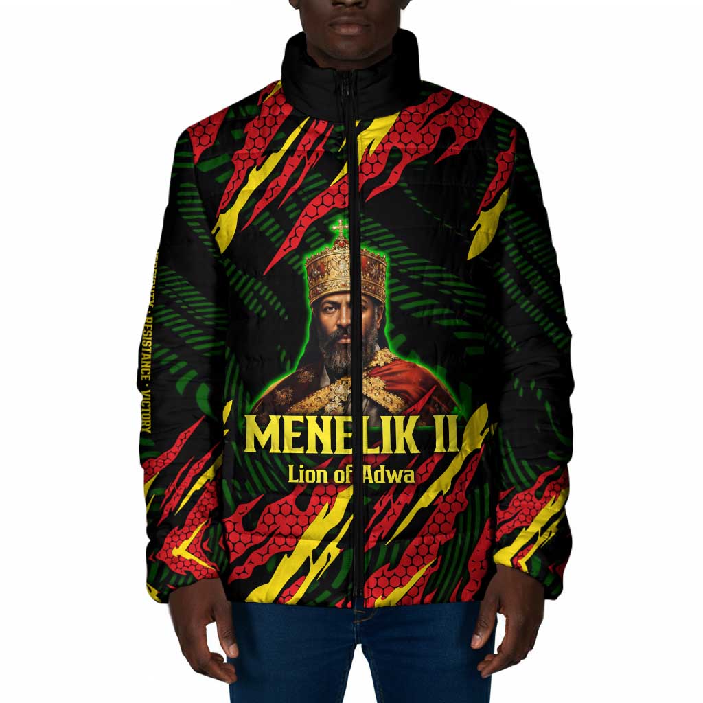 Menelik II Padded Jacket with Lion of Adwa Title, Battle of Adwa 1896 Graphic and Bold Pan-African - Wonder Print Shop