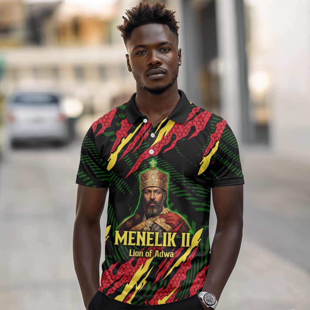 Menelik II Polo Shirt with Lion of Adwa Title, Battle of Adwa 1896 Graphic and Bold Pan-African - Wonder Print Shop
