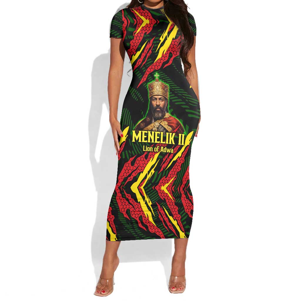 Menelik II Short Sleeve Bodycon Dress with Lion of Adwa Title, Battle of Adwa 1896 Graphic and Bold Pan-African - Wonder Print Shop