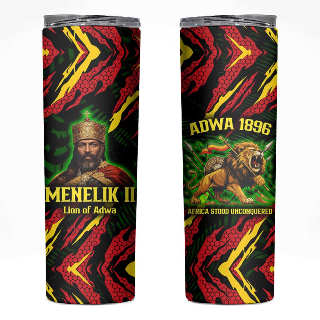 Menelik II Skinny Tumbler with Lion of Adwa Title, Battle of Adwa 1896 Graphic and Bold Pan-African - Wonder Print Shop