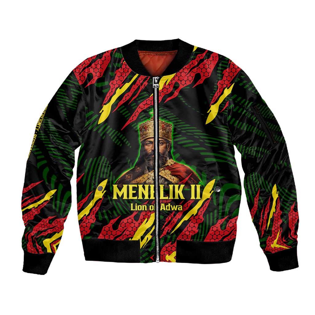 Menelik II Sleeve Zip Bomber Jacket with Lion of Adwa Title, Battle of Adwa 1896 Graphic and Bold Pan-African - Wonder Print Shop