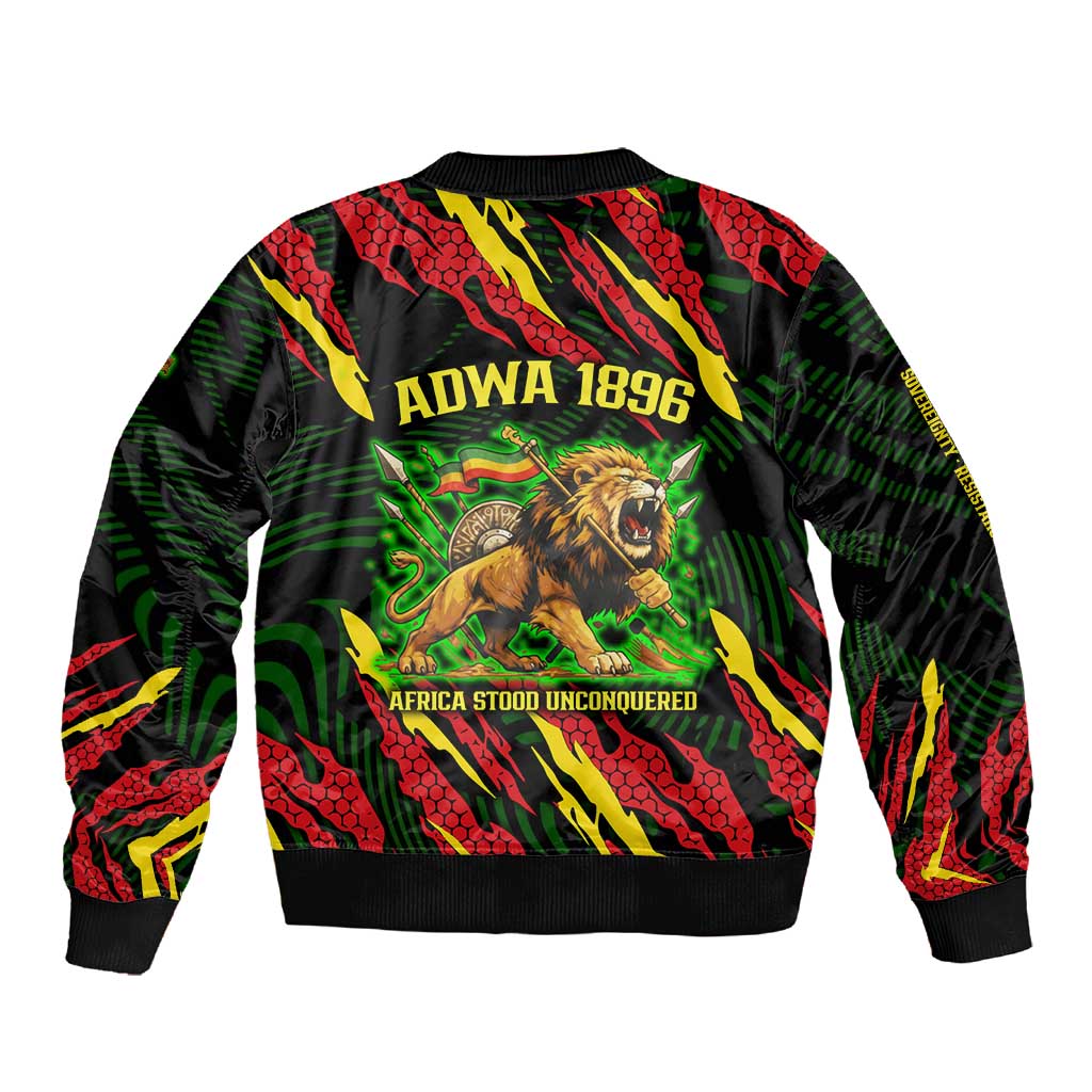 Menelik II Sleeve Zip Bomber Jacket with Lion of Adwa Title, Battle of Adwa 1896 Graphic and Bold Pan-African - Wonder Print Shop