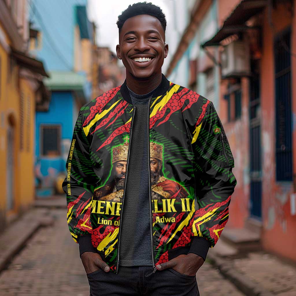 Menelik II Sleeve Zip Bomber Jacket with Lion of Adwa Title, Battle of Adwa 1896 Graphic and Bold Pan-African - Wonder Print Shop