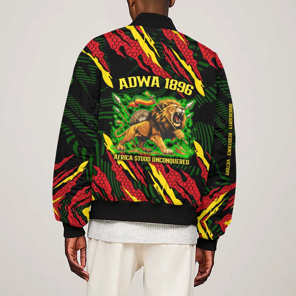 Menelik II Sleeve Zip Bomber Jacket with Lion of Adwa Title, Battle of Adwa 1896 Graphic and Bold Pan-African - Wonder Print Shop