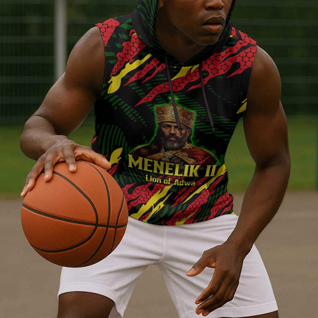 Menelik II Sleeveless Hoodie with Lion of Adwa Title, Battle of Adwa 1896 Graphic and Bold Pan-African - Wonder Print Shop