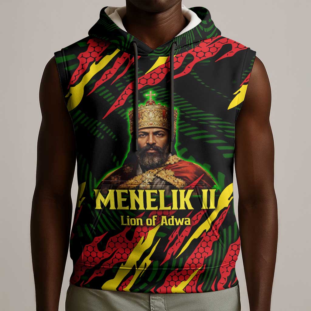 Menelik II Sleeveless Hoodie with Lion of Adwa Title, Battle of Adwa 1896 Graphic and Bold Pan-African - Wonder Print Shop