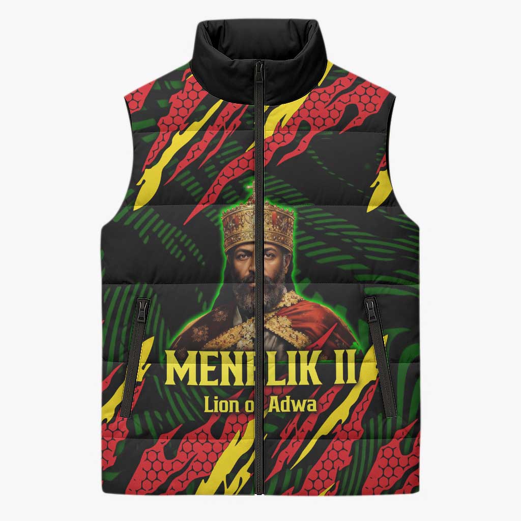 Menelik II Sleeveless Puffer Jacket with Lion of Adwa Title, Battle of Adwa 1896 Graphic and Bold Pan-African - Wonder Print Shop