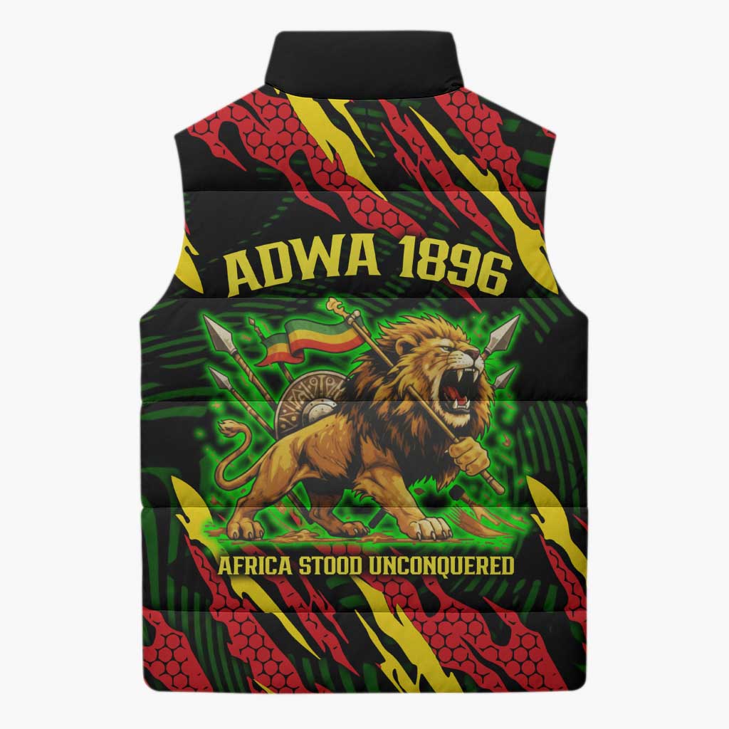 Menelik II Sleeveless Puffer Jacket with Lion of Adwa Title, Battle of Adwa 1896 Graphic and Bold Pan-African - Wonder Print Shop