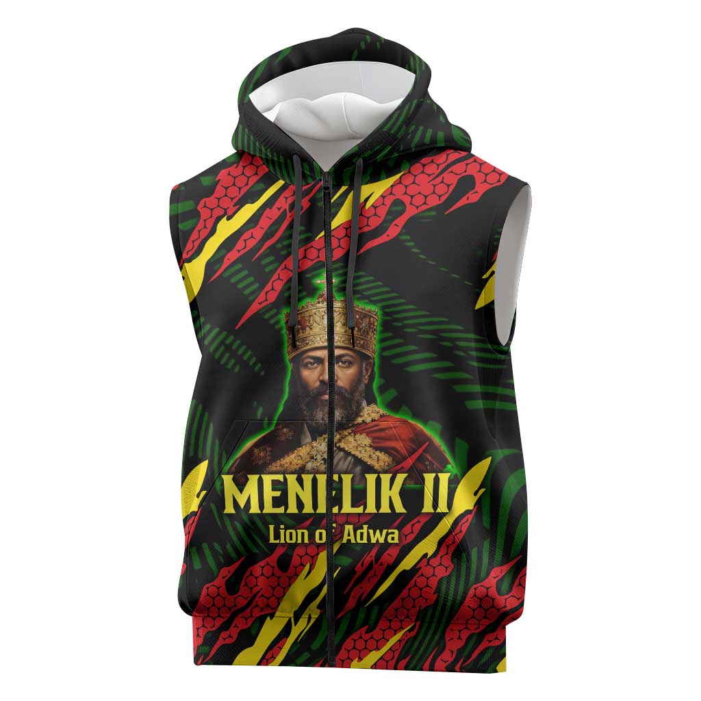 Menelik II Sleeveless Zip Hoodie with Lion of Adwa Title, Battle of Adwa 1896 Graphic and Bold Pan-African - Wonder Print Shop