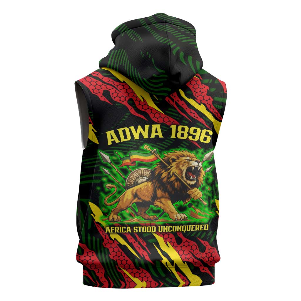 Menelik II Sleeveless Zip Hoodie with Lion of Adwa Title, Battle of Adwa 1896 Graphic and Bold Pan-African - Wonder Print Shop
