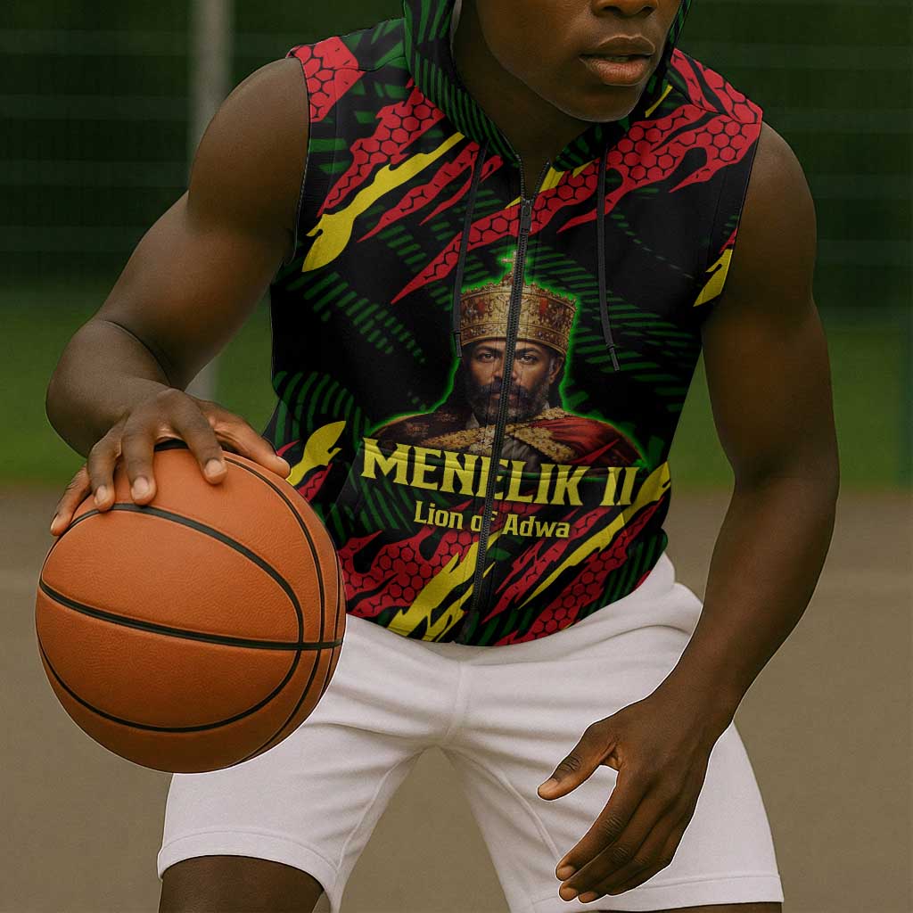 Menelik II Sleeveless Zip Hoodie with Lion of Adwa Title, Battle of Adwa 1896 Graphic and Bold Pan-African - Wonder Print Shop