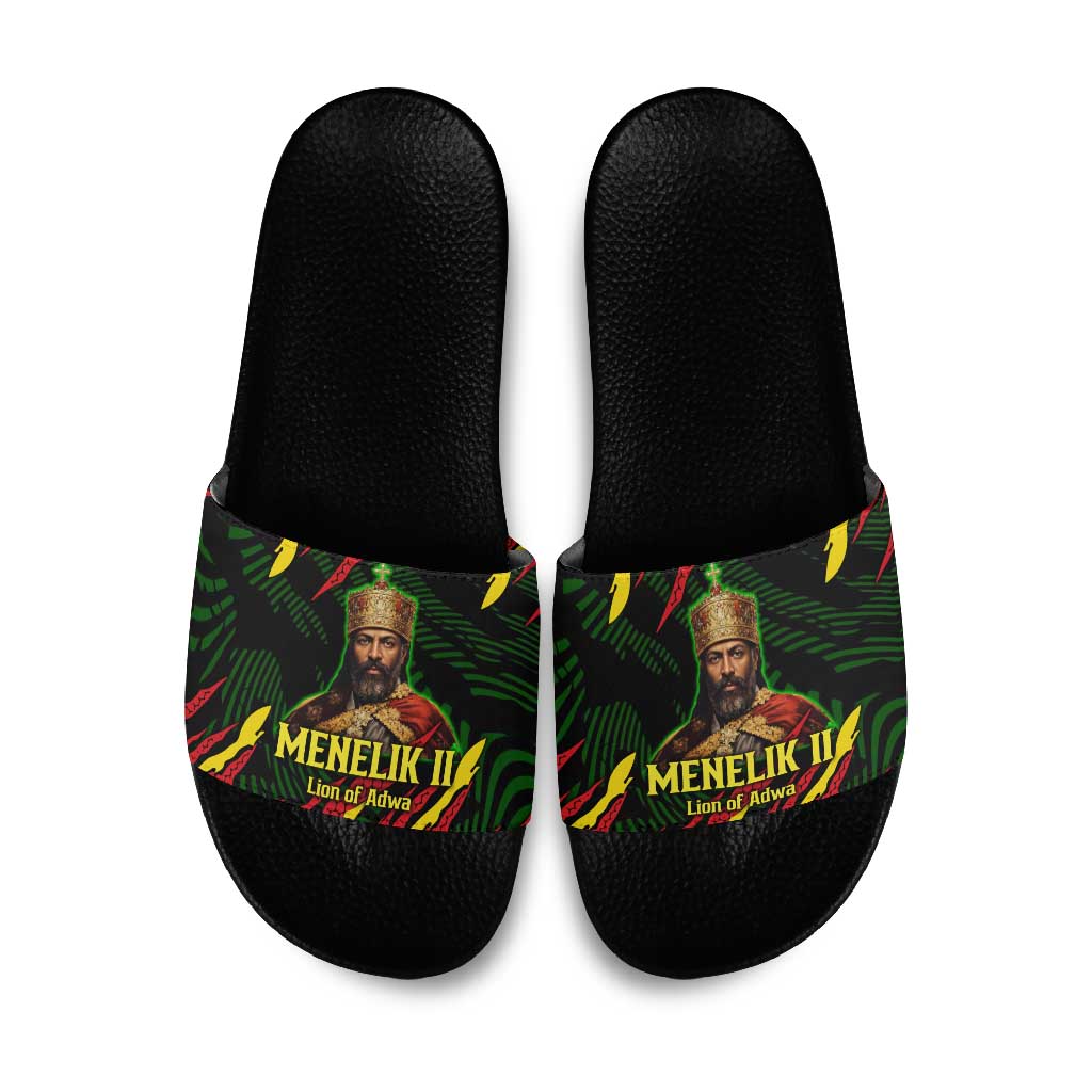Menelik II Slide Sandals with Lion of Adwa Title, Battle of Adwa 1896 Graphic and Bold Pan-African - Wonder Print Shop