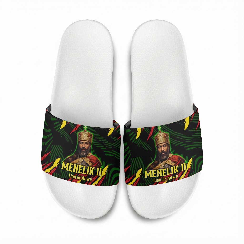 Menelik II Slide Sandals with Lion of Adwa Title, Battle of Adwa 1896 Graphic and Bold Pan-African - Wonder Print Shop