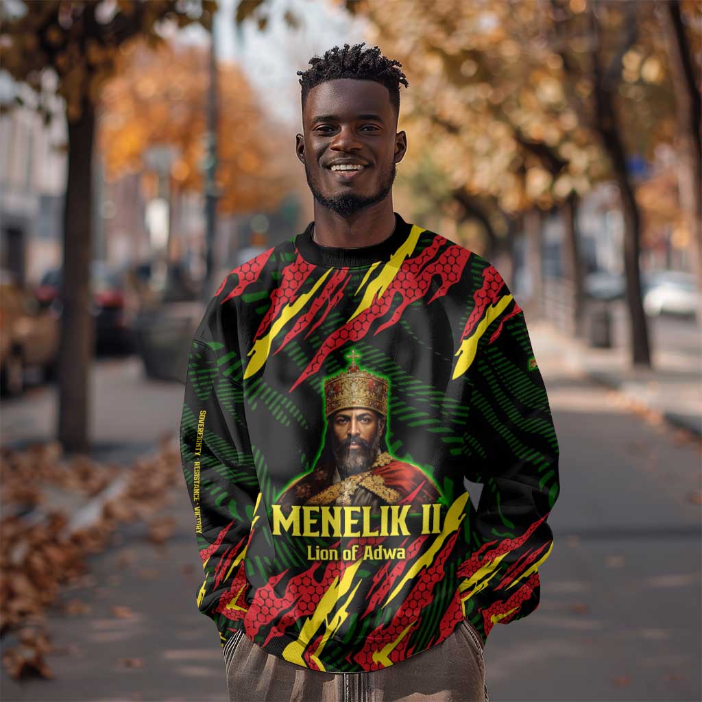 Menelik II Sweatshirt with Lion of Adwa Title, Battle of Adwa 1896 Graphic and Bold Pan-African - Wonder Print Shop