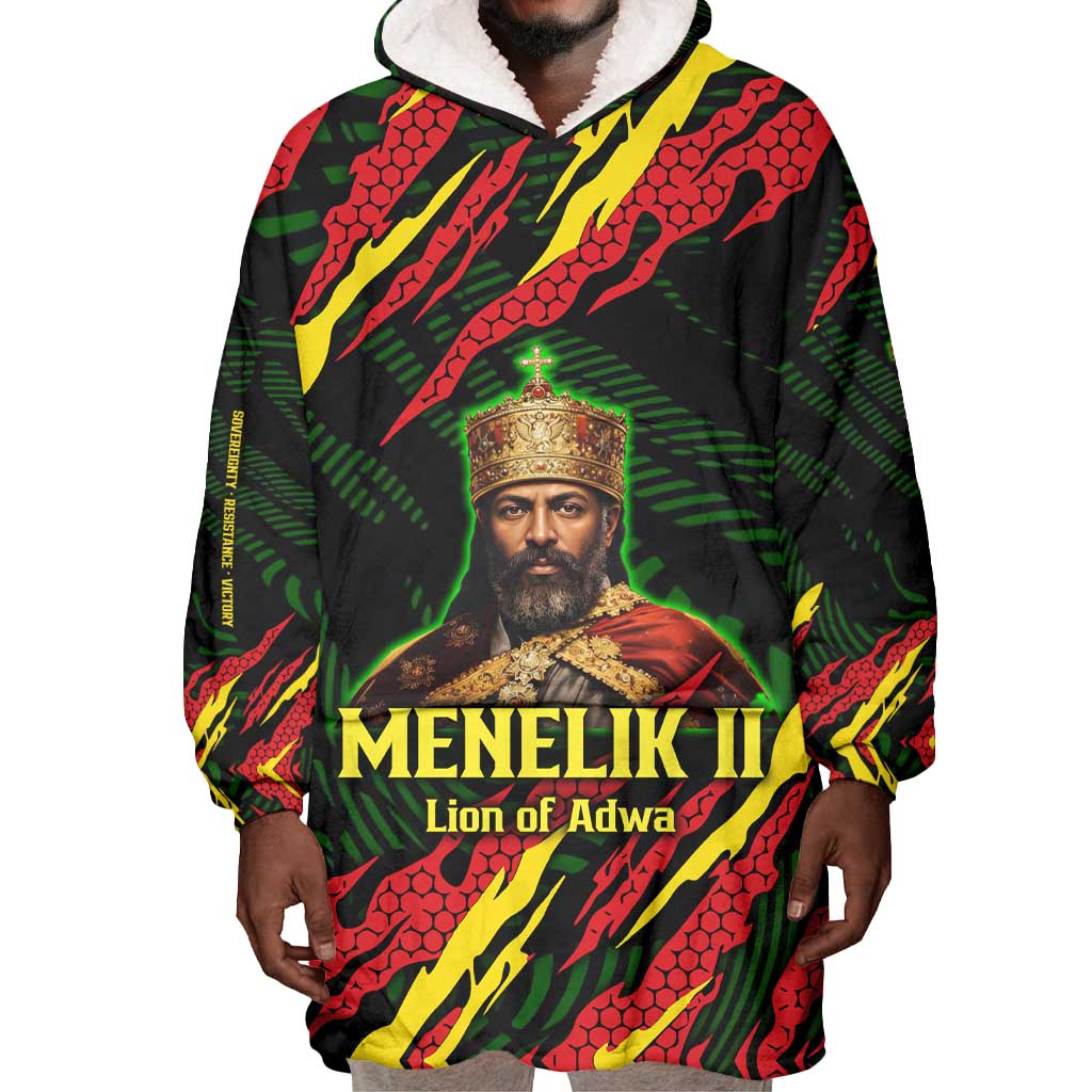 Menelik II Wearable Blanket Hoodie with Lion of Adwa Title, Battle of Adwa 1896 Graphic and Bold Pan-African - Wonder Print Shop