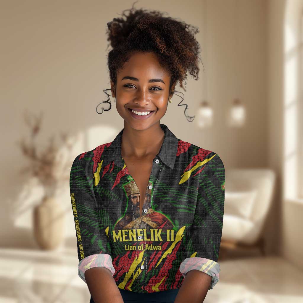 Menelik II Women Casual Shirt with Lion of Adwa Title, Battle of Adwa 1896 Graphic and Bold Pan-African - Wonder Print Shop