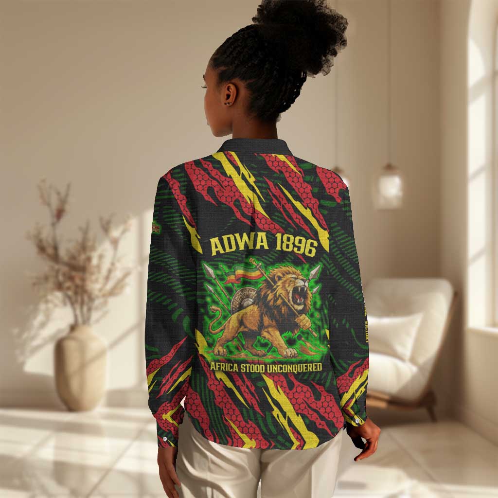 Menelik II Women Casual Shirt with Lion of Adwa Title, Battle of Adwa 1896 Graphic and Bold Pan-African - Wonder Print Shop