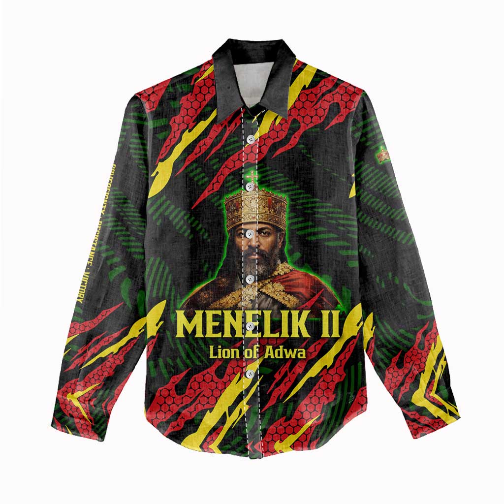Menelik II Women Casual Shirt with Lion of Adwa Title, Battle of Adwa 1896 Graphic and Bold Pan-African - Wonder Print Shop