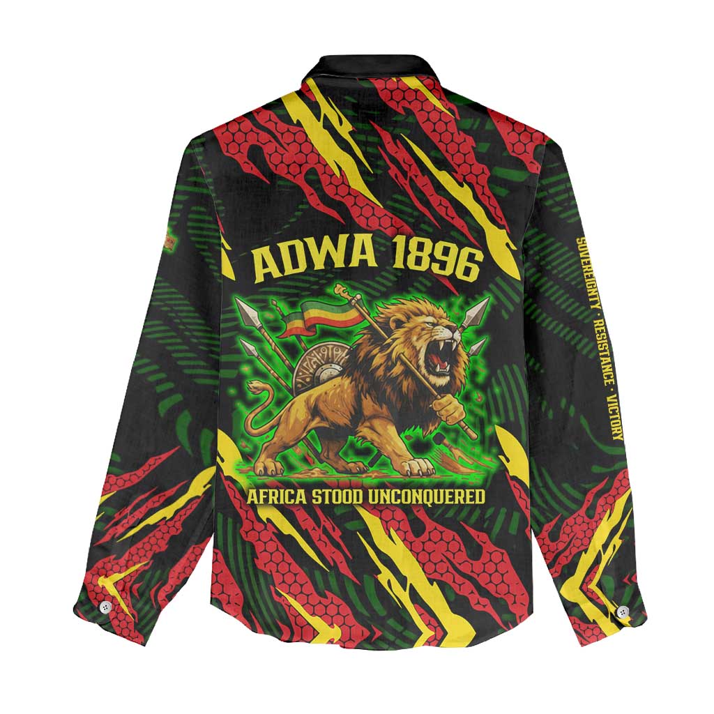 Menelik II Women Casual Shirt with Lion of Adwa Title, Battle of Adwa 1896 Graphic and Bold Pan-African - Wonder Print Shop