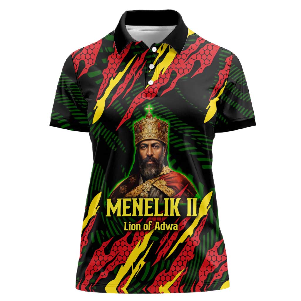 Menelik II Women Polo Shirt with Lion of Adwa Title, Battle of Adwa 1896 Graphic and Bold Pan-African - Wonder Print Shop
