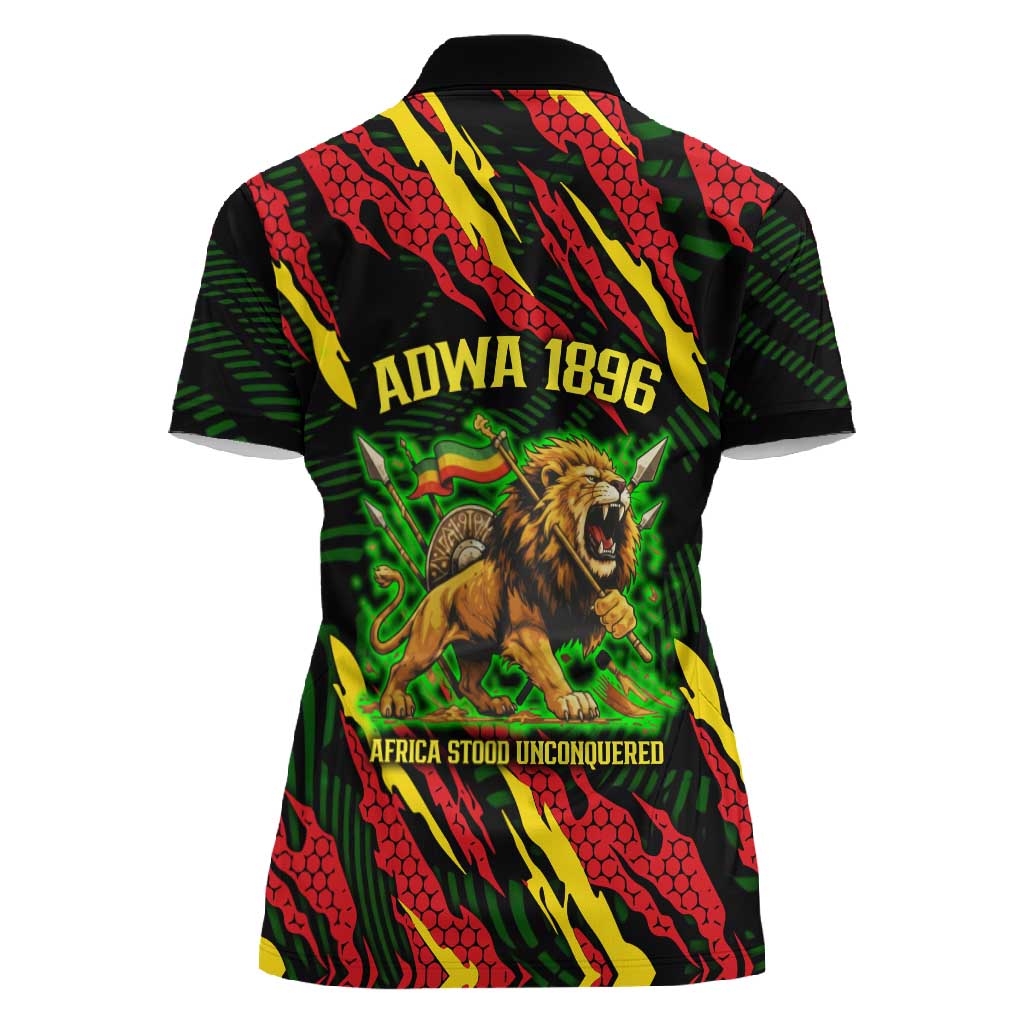 Menelik II Women Polo Shirt with Lion of Adwa Title, Battle of Adwa 1896 Graphic and Bold Pan-African - Wonder Print Shop